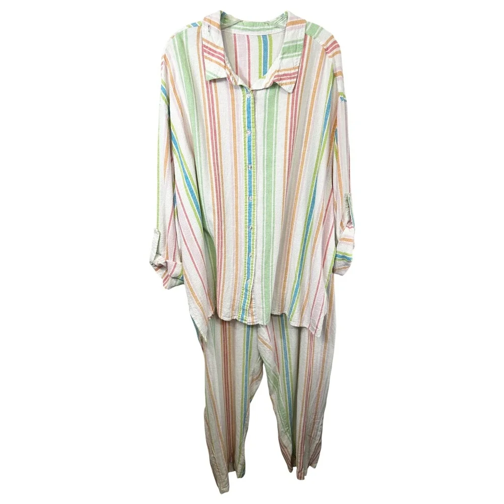 Woman Within Plus Size 30/32 Linen Set 3X Striped Linen Shirt Pants‎ Top White C - Picture 2 of 15